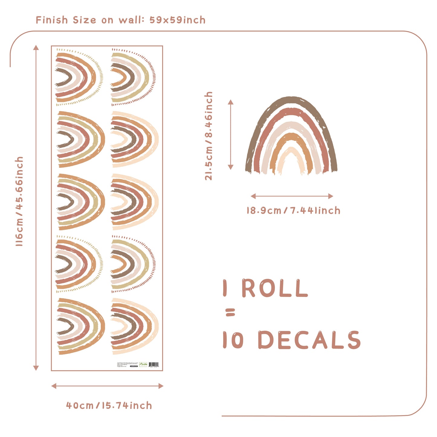 Produktansicht der Boho Regenbogen Wandtattoos von justgoodmood, zeigt die Abmessungen und Details der Aufkleber für eine fröhliche Kinderzimmergestaltung.