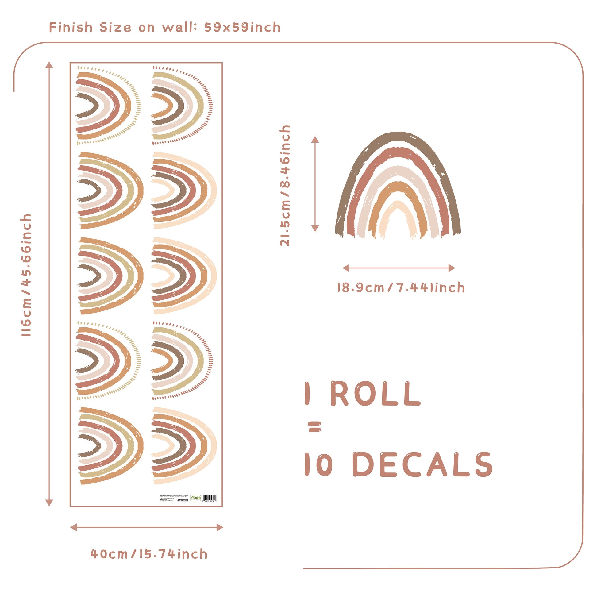 Produktansicht der Boho Regenbogen Wandtattoos von justgoodmood, zeigt die Abmessungen und Details der Aufkleber für eine fröhliche Kinderzimmergestaltung.