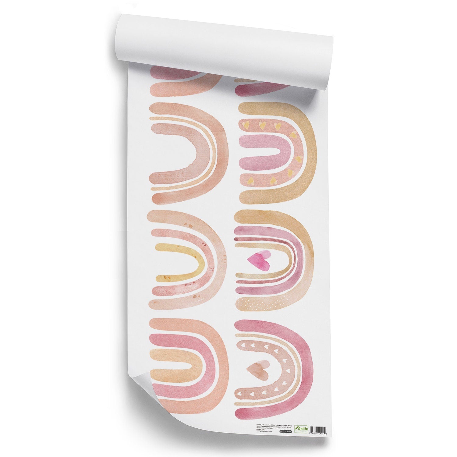 Sticker Kinderzimmer Wandaufkleber Boho Regenbogen Herz von justgoodmood, farbenfrohe Wandsticker mit Regenbogenmotiven für eine kreative Kinderzimmereinrichtung.