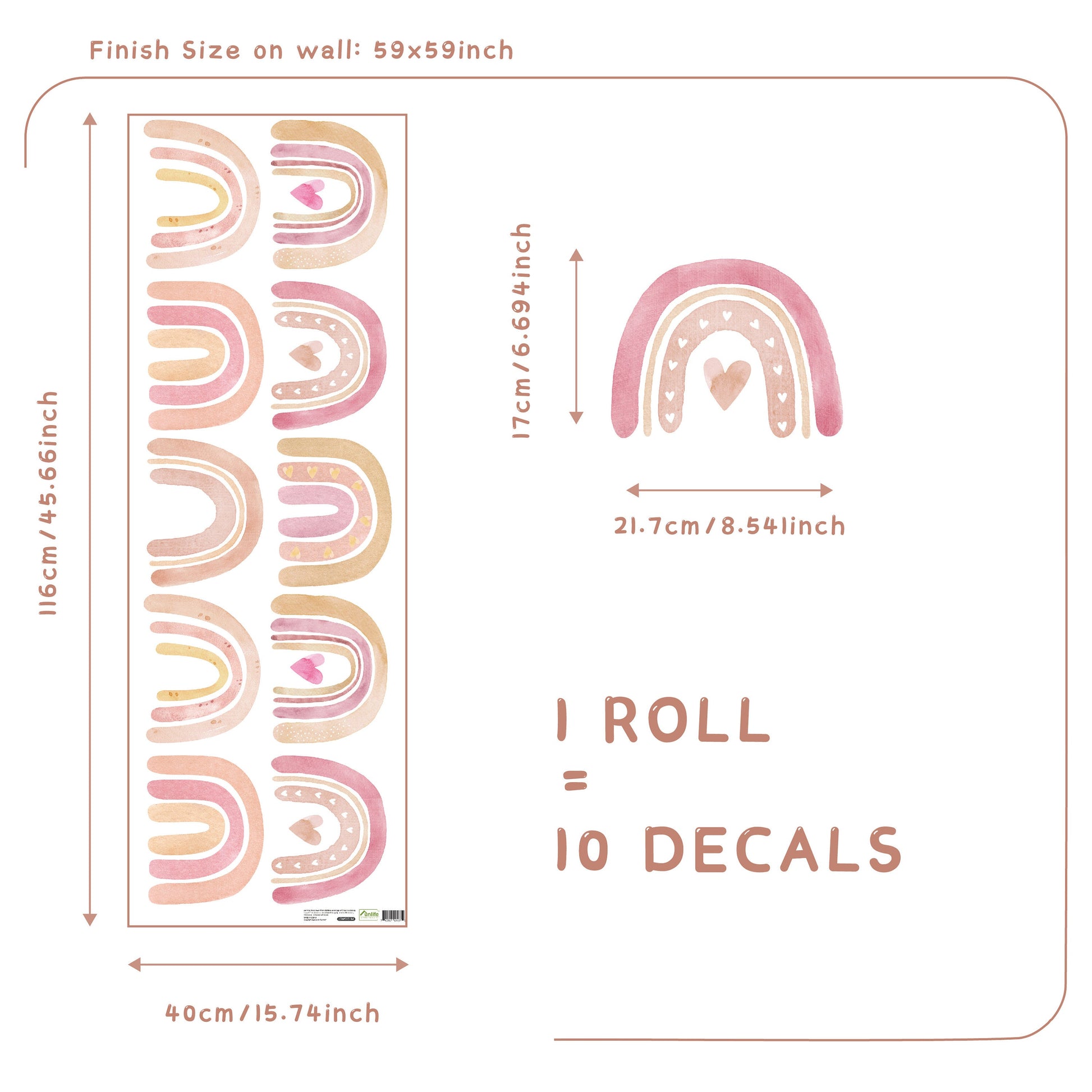 Detailansicht der Boho Regenbogen Herz Wandtattoos von justgoodmood mit Größenangaben, ideal für eine fröhliche Wanddekoration im Kinderzimmer.