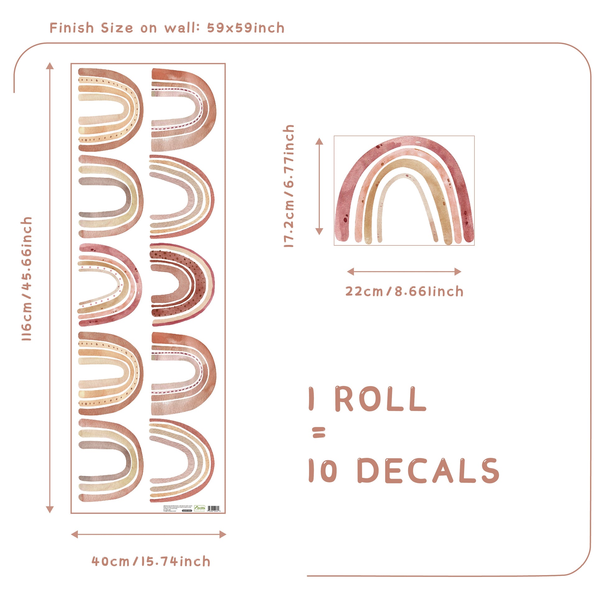 Größenskizze von Boho Regenbogen Wandstickern von JustGoodMood, bietet Informationen zur Anordnung der Wandtattoos im Kinderzimmer.