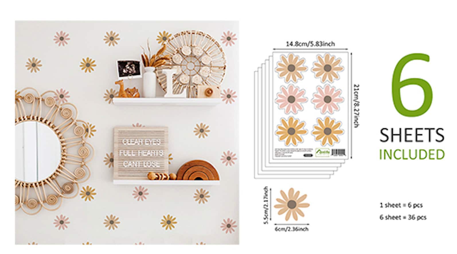 Set mit 6 Bögen von Boho Blumen Wandaufklebern von justgoodmood, das zeigt, wie einfach es ist, das Kinderzimmer kreativ zu gestalten.