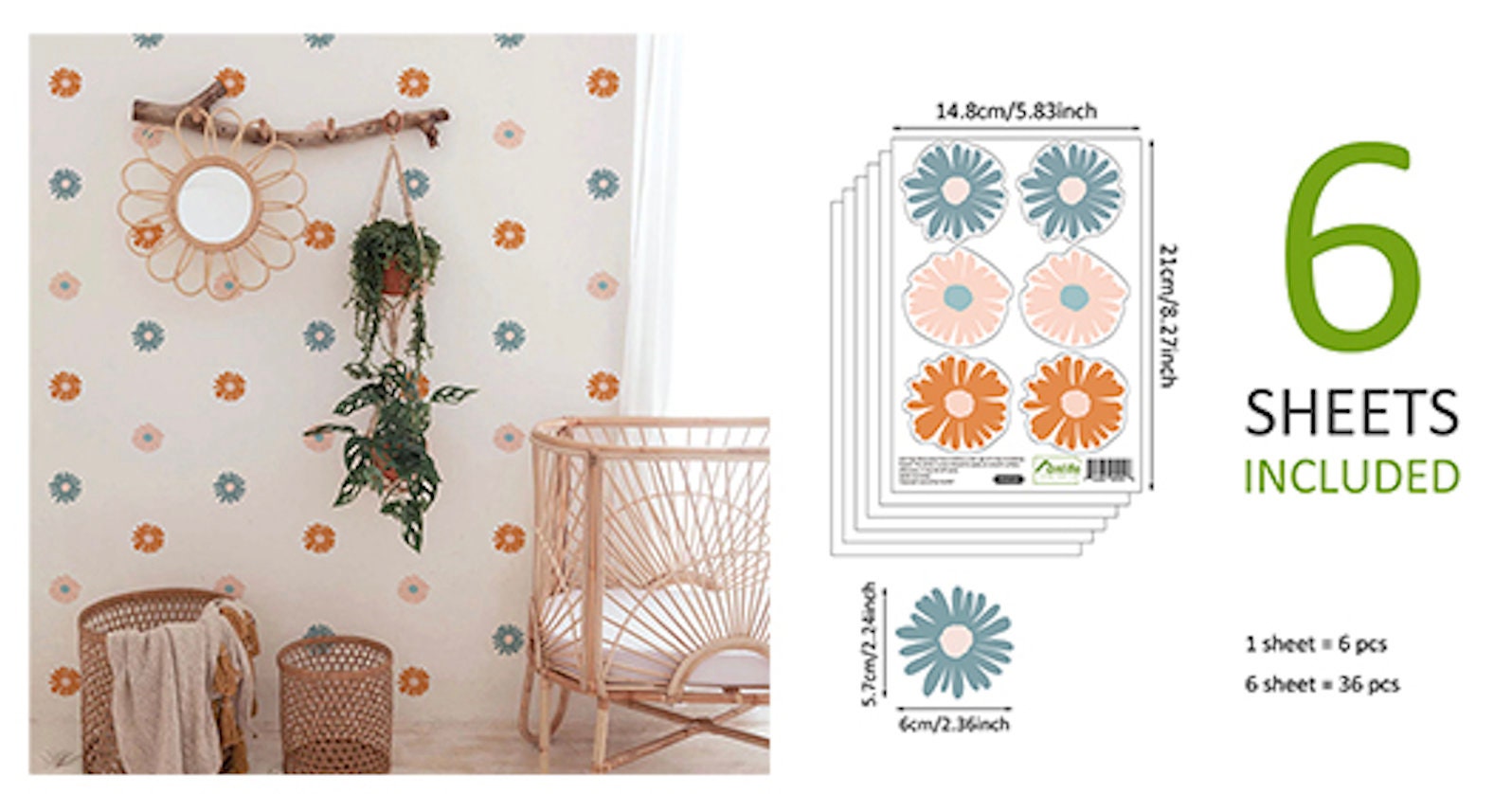 Set von 36 Boho Blume Wandaufklebern von justgoodmood. Die hübschen Wandtattoos sind ideal für die kreative Gestaltung eines liebevollen Babyzimmers.