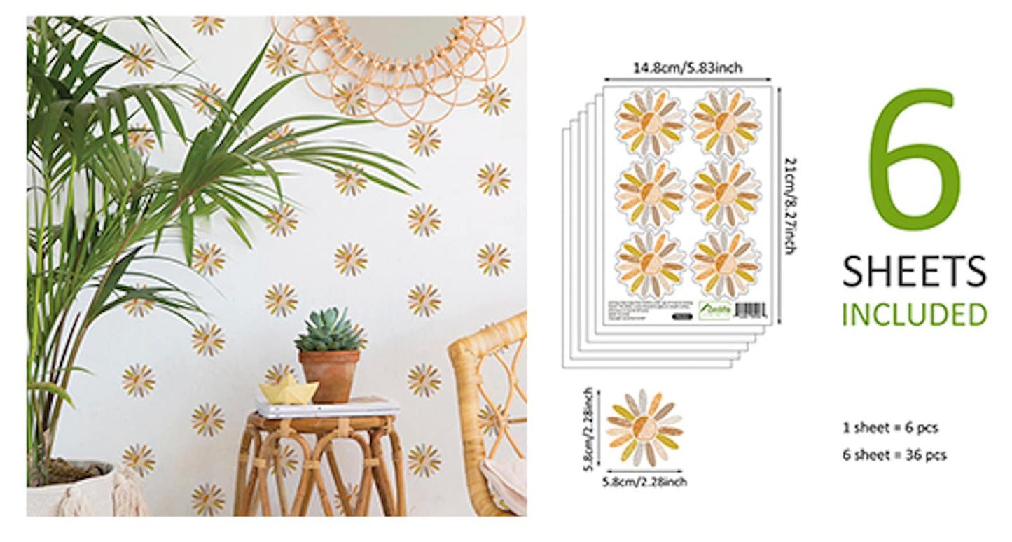 Sechs Bögen mit Boho Blumen Wandstickern von justgoodmood, ideales Zubehör zur Dekoration des Kinderzimmers. Bunte Wandtattoos für ein fröhliches und einladendes Babyzimmer.