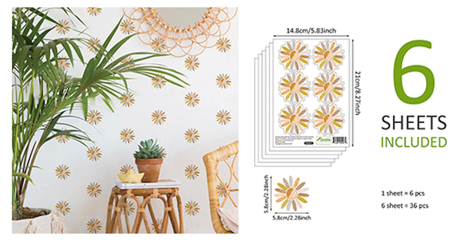 Sechs Bögen mit Boho Blumen Wandstickern von justgoodmood, ideales Zubehör zur Dekoration des Kinderzimmers. Bunte Wandtattoos für ein fröhliches und einladendes Babyzimmer.