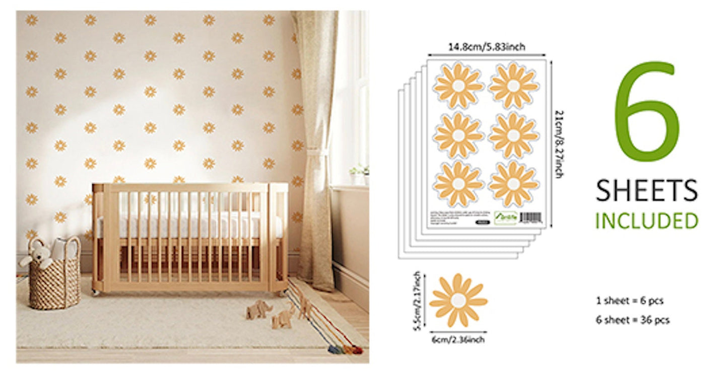 Stylische Boho Blume Wandaufkleber von justgoodmood für das Kinderzimmer. Das Bild zeigt eine liebevoll gestaltete Wanddekoration mit blumigen Motiven und einem Babybett in einem hellen, freundlichen Raum. Das Sticker Set besteht aus 36 Teilen, ideal für die kreative Gestaltung von Babyzimmern.