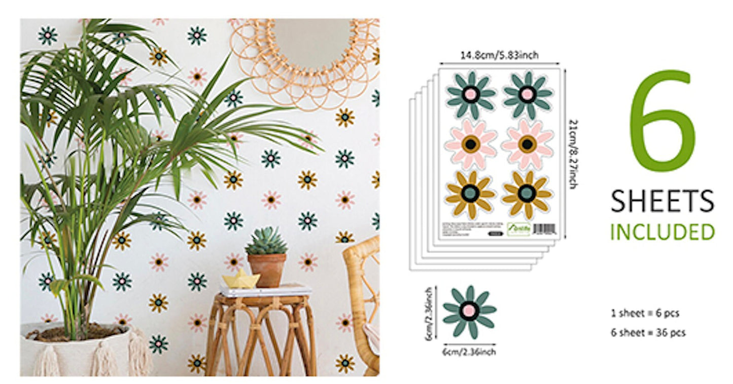 Wandtattoos von justgoodmood für das Kinderzimmer. Sechs Blätter mit bunten Blumensticker, die eine fröhliche Atmosphäre schaffen. Ideal für die Wanddeko im Babyzimmer, die die Fantasie anregt.