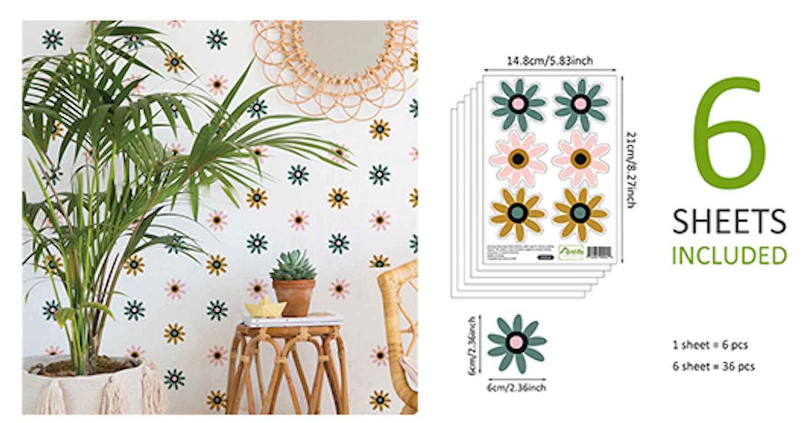 Wandtattoos von justgoodmood für das Kinderzimmer. Sechs Blätter mit bunten Blumensticker, die eine fröhliche Atmosphäre schaffen. Ideal für die Wanddeko im Babyzimmer, die die Fantasie anregt.