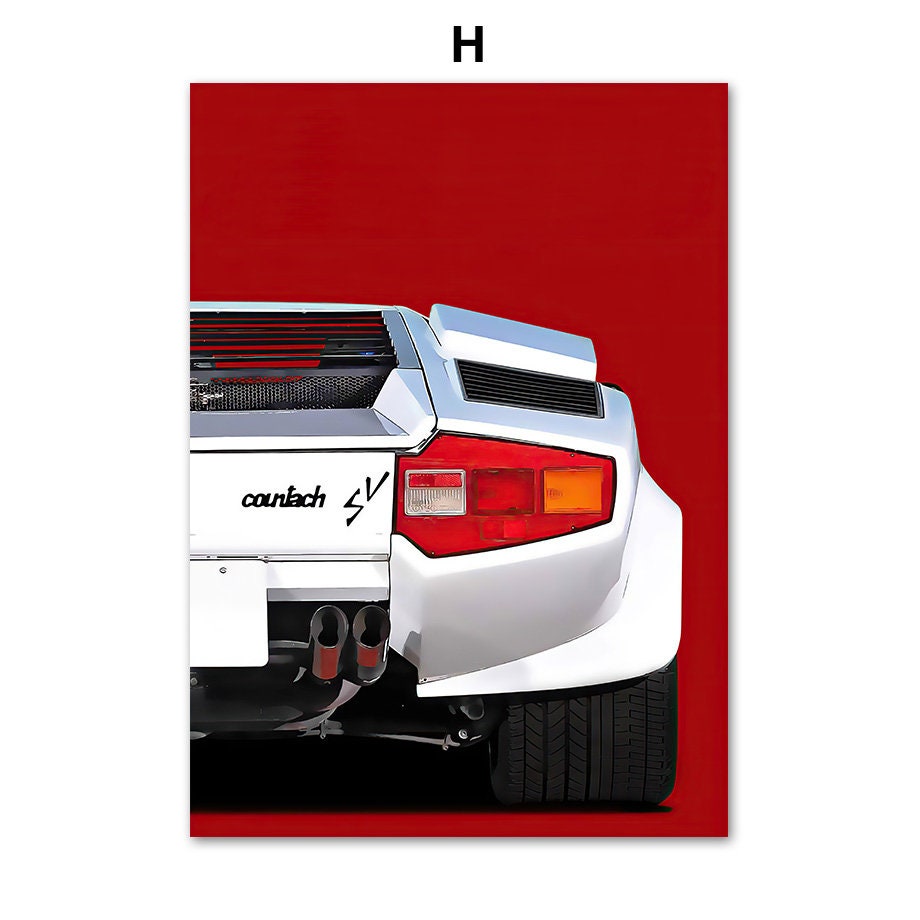 Ein eleganter Deko-Print der Rückansicht eines Lamborghini Countach SV in Silber, ein Must-Have für Liebhaber klassischer Autos! Poster von justgoodmood, Titel: Formel 1 Rennwagen Rennfahrer. Verleihen Sie Ihrem Raum einen Hauch von Luxus!
