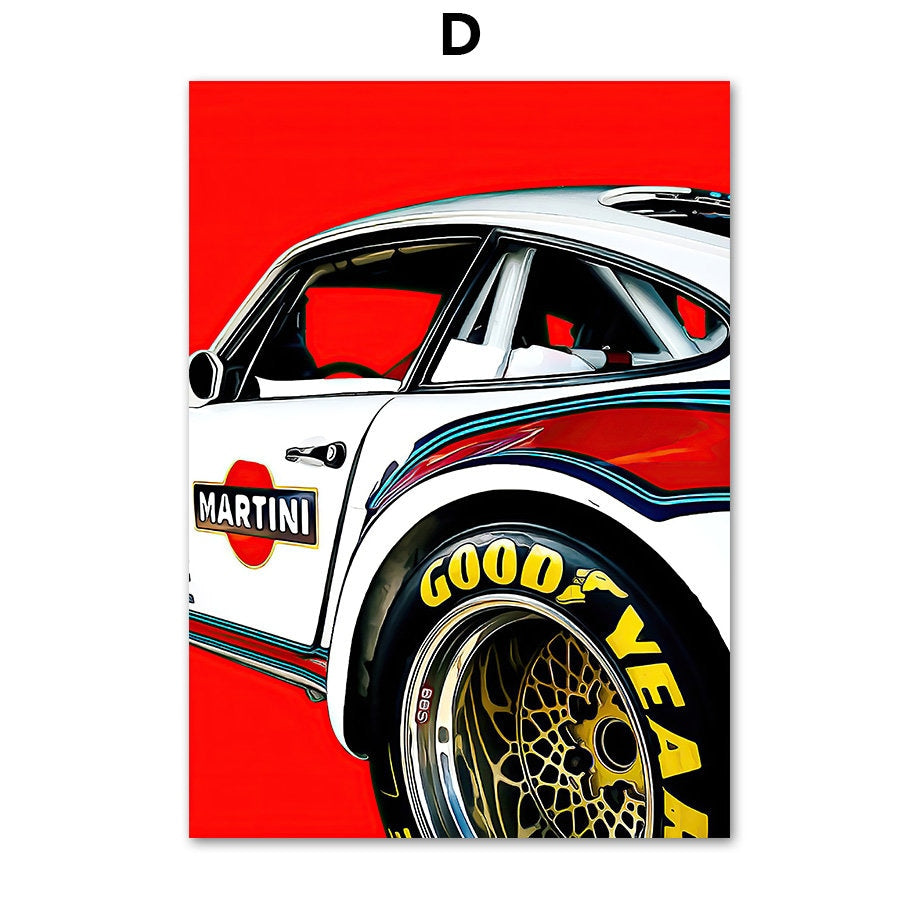 Detailreiches Poster eines klassischen Rennwagens mit Martini Design, perfekt für jede Motorsport-Dekoration, von justgoodmood. Poster Formel 1 Rennwagen Rennfahrer I Deko Print ohne Rahmen.