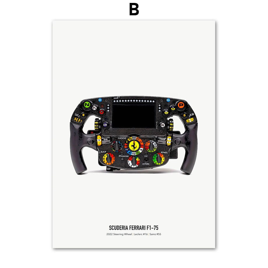 Stylisches Poster des Formel 1 Rennwagens F1-75 von Scuderia Ferrari, präsentiert von justgoodmood. Perfekte Wanddekoration für Motorsport-Fans.