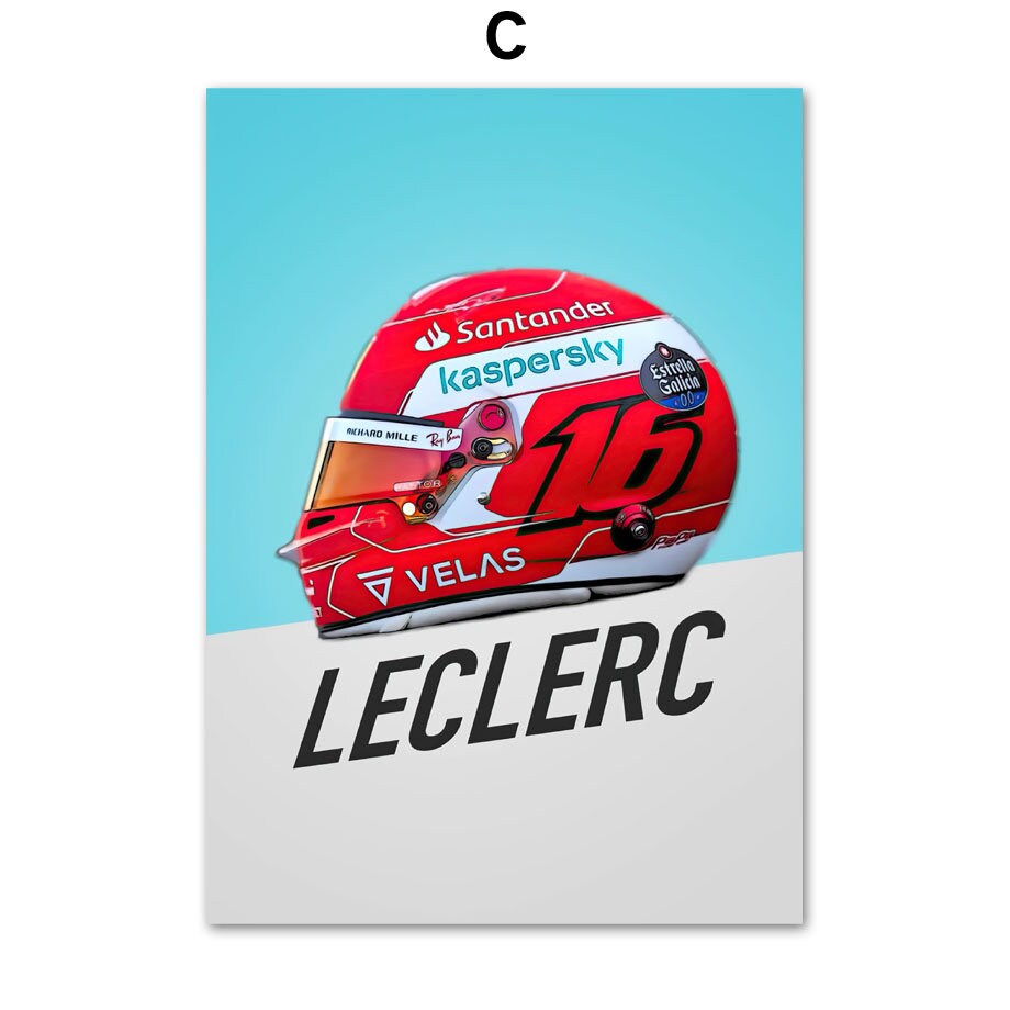 Faszinierendes Poster eines Rennfahrerhelms von Charles Leclerc, bereit für dein Zuhause, präsentiert von justgoodmood. Ein toller Blickfang für Rennsport-Enthusiasten.