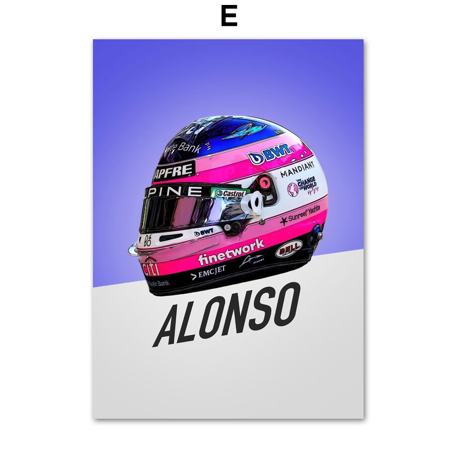 Animierendes Poster eines Rennfahrerhelms von Fernando Alonso, macht jedes Zimmer lebendig, präsentiert von justgoodmood. Perfekt für gesellige Motorsport-Fans.