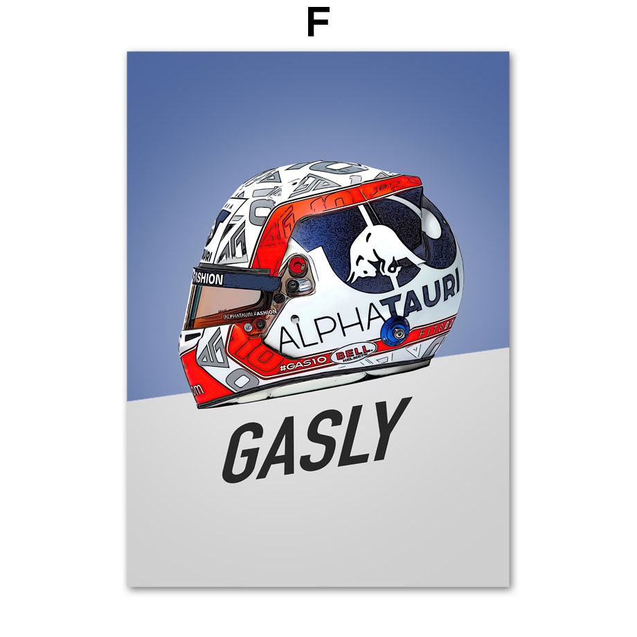 Kreatives Poster des Rennfahrerhelms von Pierre Gasly, ideal für Ihre Wanddekoration, erstellt von justgoodmood. Ein schönes Geschenk für Formel 1-Fans.