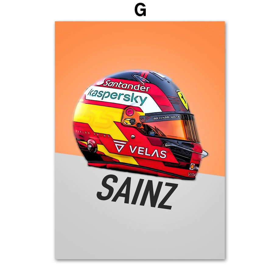 Faszinierendes Formel 1 Poster von justgoodmood. Zeigt einen Rennwagenhelm mit den Farben von Carlos Sainz und dazu den Schriftzug 'SAINZ'. Ideal als Deko Print für Motorsportfans!