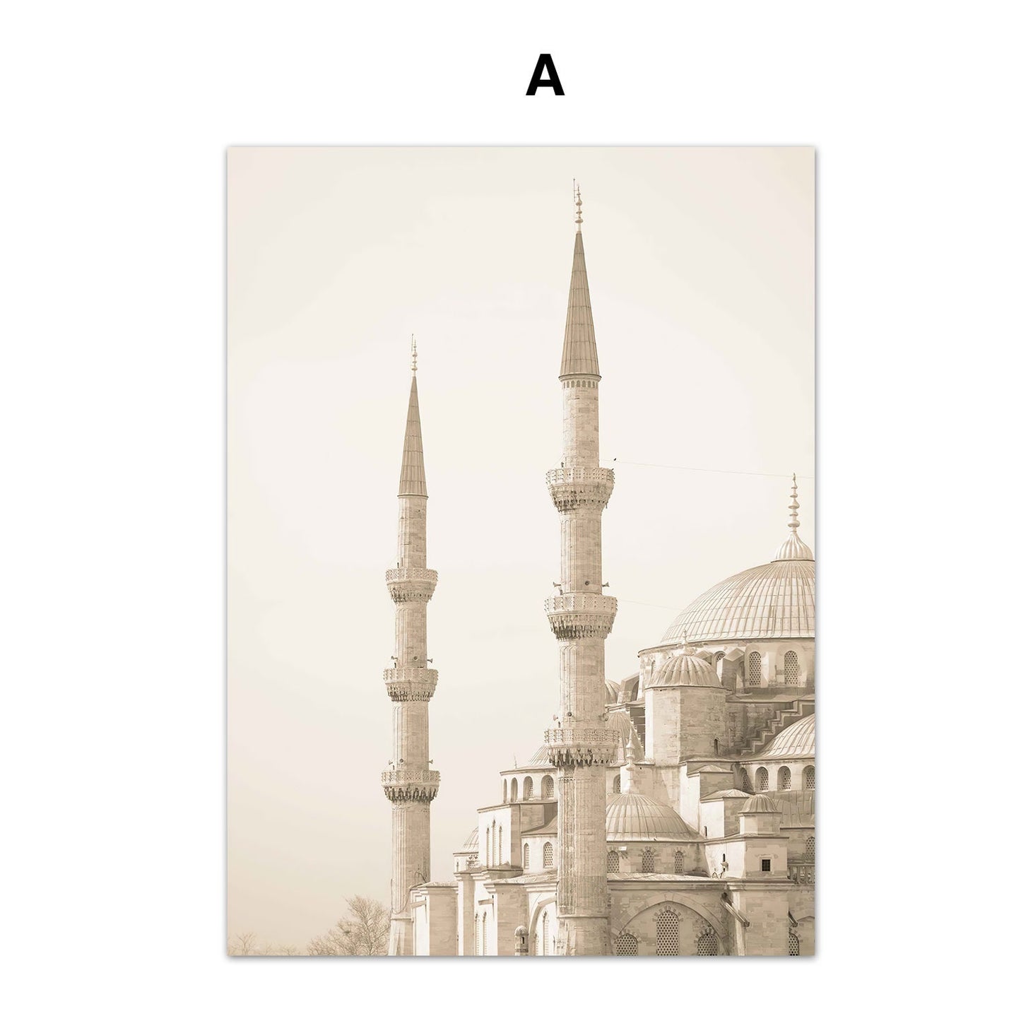 Poster Islamische Architektur Abstrakt von justgoodmood, zeigt majestätische Minarette und Kuppeln in sanften Sepiatönen für eine stilvolle Wanddekoration im Wohnzimmer oder Schlafzimmer.
