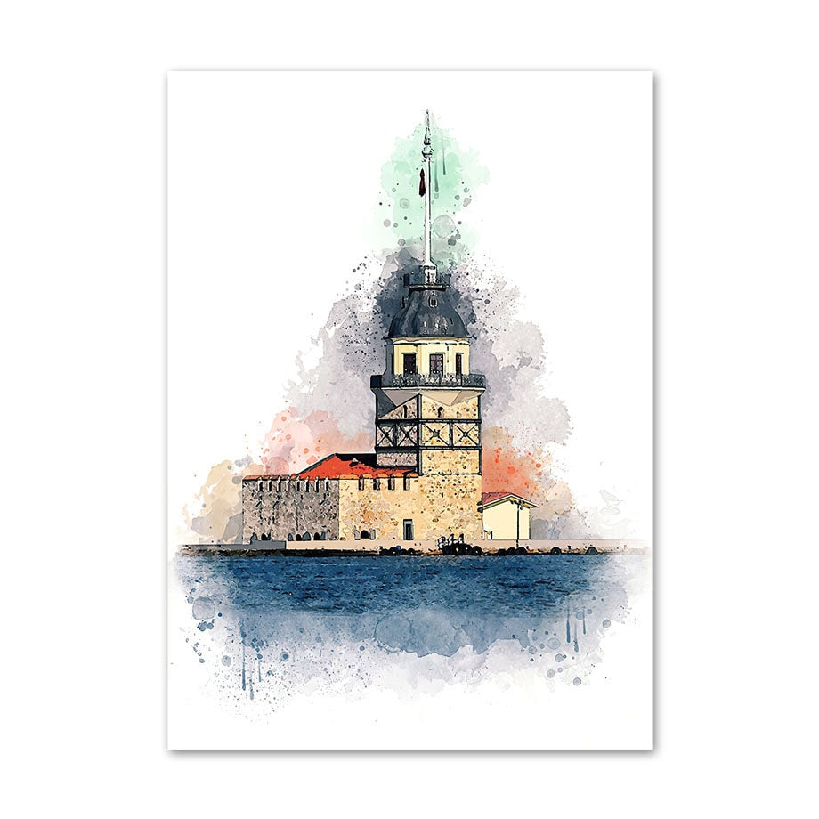 Künstlerisches Poster mit dem Mädchen von Gold von justgoodmood, das eine malerische Darstellung des Leanderturms in Istanbul zeigt und jedem Raum einen Hauch von Eleganz verleiht.