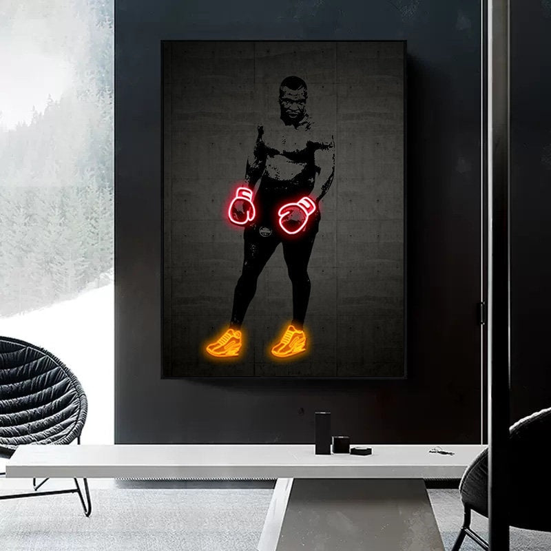 Stylisches Mike Tyson Neon-Poster mit Boxhandschuhen, ideal für Gym und Wohnzimmer – Deko Print von justgoodmood.