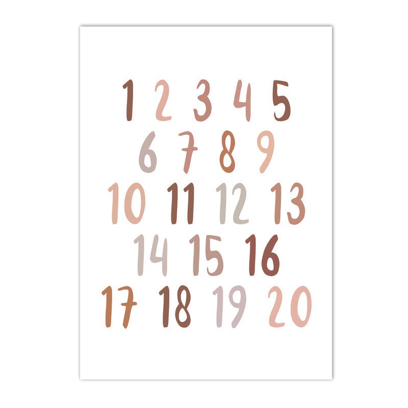 Buntes Zahlenposter für Kinderzimmer von justgoodmood, das die Zahlen 1 bis 20 in stilvollem Boho-Design zeigt - perfect für Wand Deko und kreative Gestaltung.