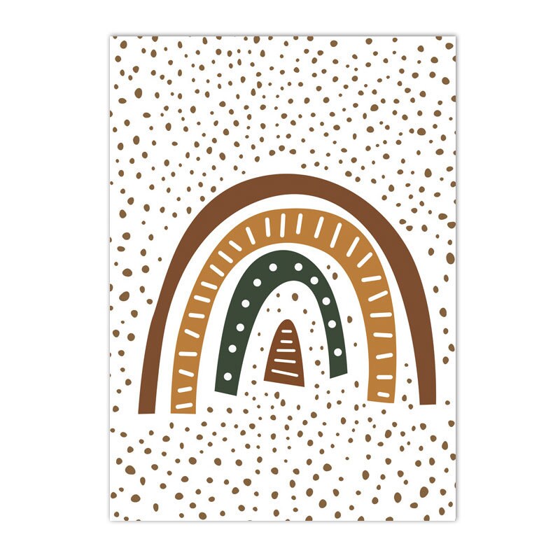 Buntes Poster von justgoodmood mit einem stilisierten Regenbogen und gepunktetem Hintergrund, ideal als kreative Wanddeko für das Kinderzimmer. Hakuna Matata Löwe Tiger Design.