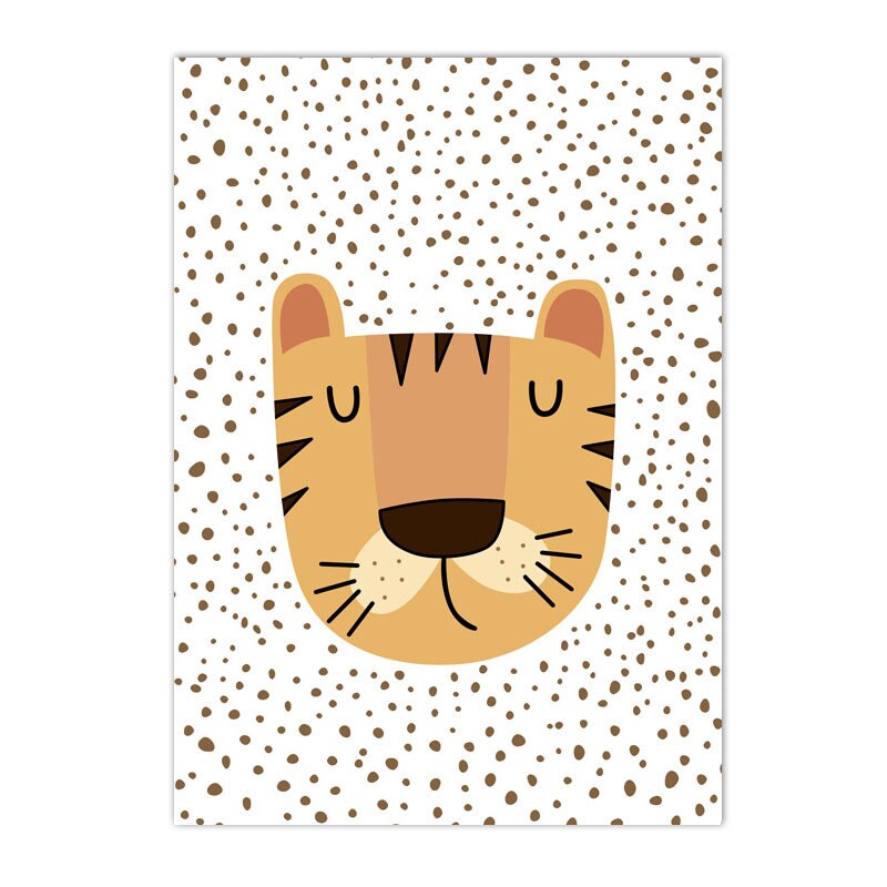 Fröhliches Poster von justgoodmood mit einem süßen Tigerkopf auf einem gepunkteten Hintergrund, perfekt für das Kinderzimmer. Hakuna Matata Löwe Tiger Design.