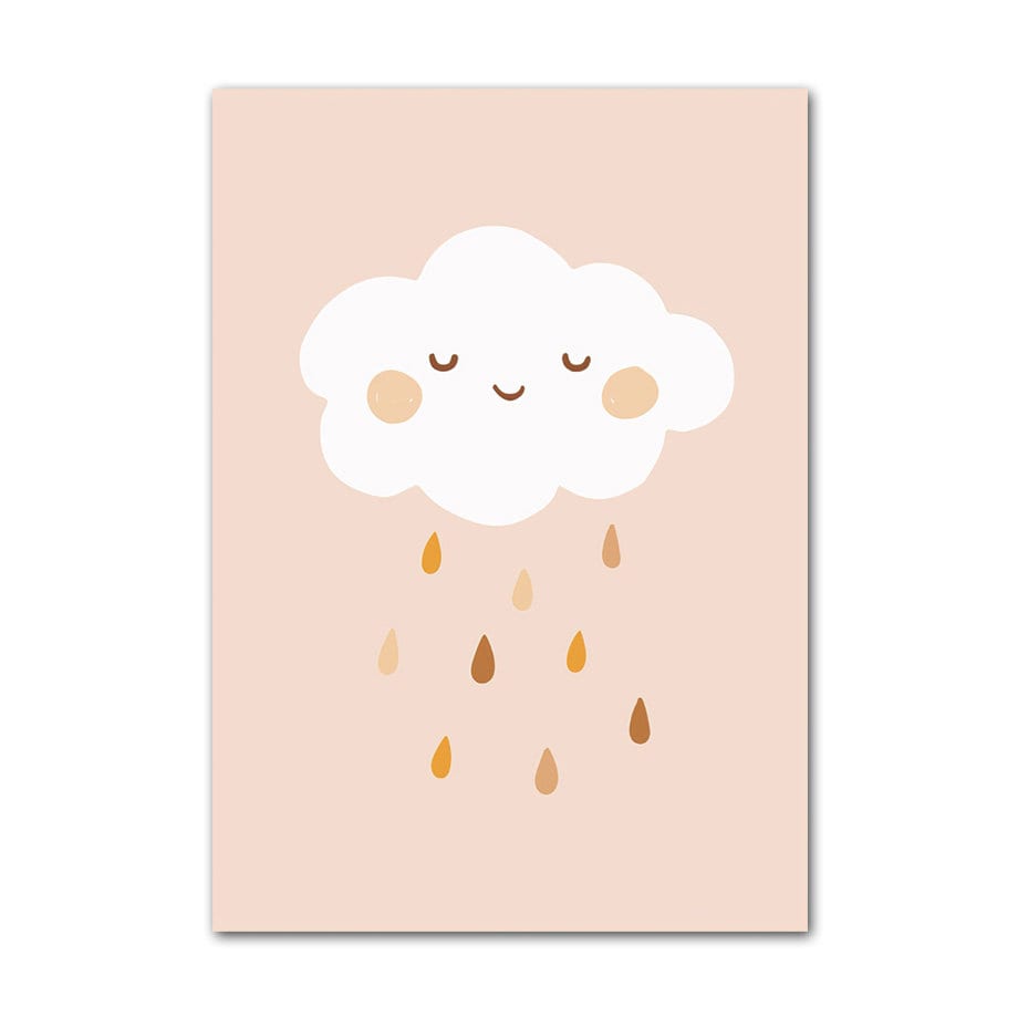 Niedliches Poster mit einer lächelnden Wolke und fallendem Regen, ideal für eine fröhliche Kinderzimmergestaltung von justgoodmood, Poster Kinderzimmer Sonne Regenbogen Herzen.