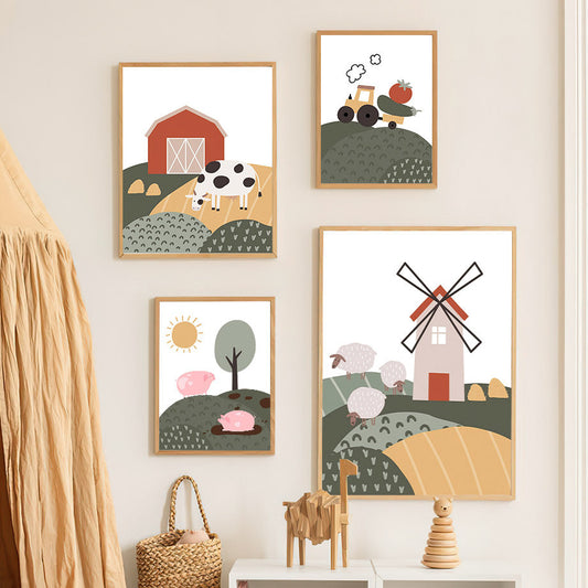 Fröhliches Bauernhof-Poster von justgoodmood mit Kühen, einem roten Stall und einem Traktor - ideal für eine bunte Kinderzimmer-Wanddekoration.