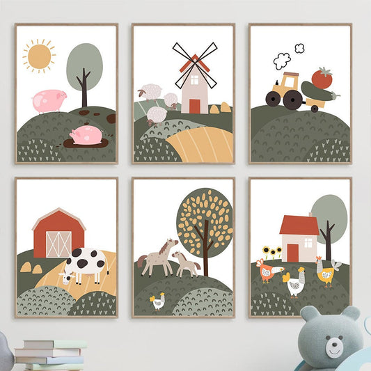 Bezauberndes Bauernhof-Poster von justgoodmood zeigt fröhliche Szenen mit Schweinen, Schafen und einer Windmühle - perfekt für das Kinderzimmer.