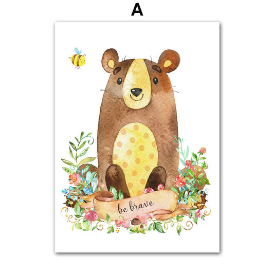 Süßes Poster mit einem freundlichen Bären, der den Spruch 'be brave' trägt. Ideal für das Kinderzimmer von justgoodmood, um Kreativität und Mut zu fördern.