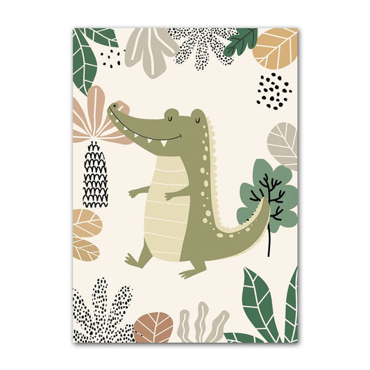 Lebendiges Dschungelposter mit fröhlichem Krokodil, ideal für das Kinderzimmer. Kunst-Druck von justgoodmood, Teil der "Hakuna Matata" Kollektion.