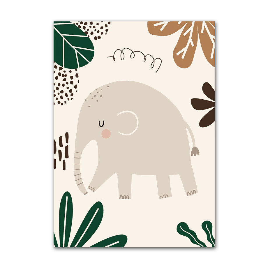 Niedlicher grauer Elefant mit Pflanzenmotiv auf einem Kinderzimmer Poster von justgoodmood, ideal für die Deko im Dschungel-Themenzimmer.