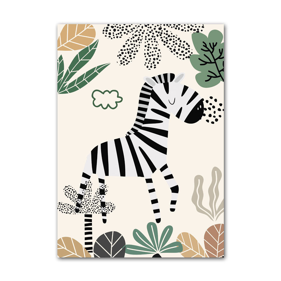 Fröhliche gestreifte Zebra-Illustration umgeben von Blättern auf einem Kinderzimmer Poster von justgoodmood, perfekt für kreative Wandgestaltung.