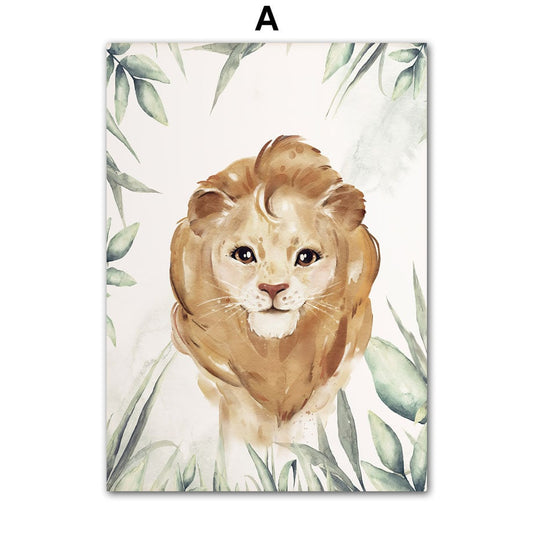 Künstlerische Darstellung eines Löwen für das Kinderzimmer: Teil des personalisierten Dschungel Tiere Posters von JustGoodMood, perfekt als Wanddeko.