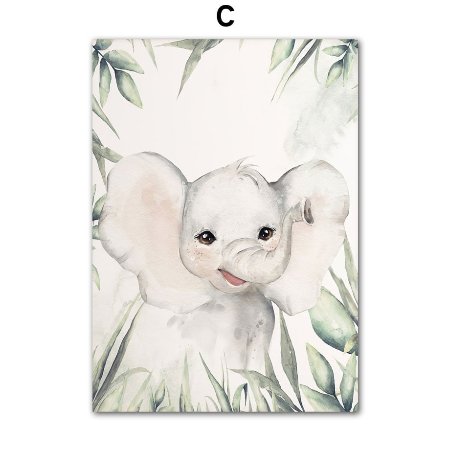 Kreatives Elefantenmotiv auf einem Dschungelposter für das Kinderzimmer, personalisierbar mit dem Namen Ihres Kindes. Hochwertige Kunst von justgoodmood.