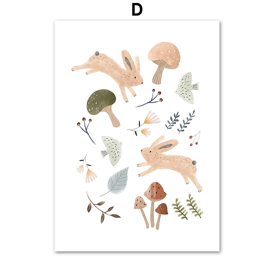 Niedliches Poster mit Hasen und Pilzen, ideal für Kinderzimmer Deko von justgoodmood - Poster Kinderzimmer Wald Berge Abenteuer I Name Personalisiert.