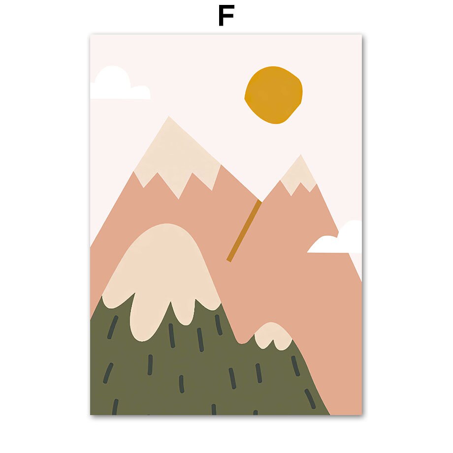 Buntes Landschafts-Poster mit stilisierten Bergen und Sonne, eine großartige Ergänzung für jedes Kinderzimmer von justgoodmood - Poster Kinderzimmer Wald Berge Abenteuer I Name Personalisiert.