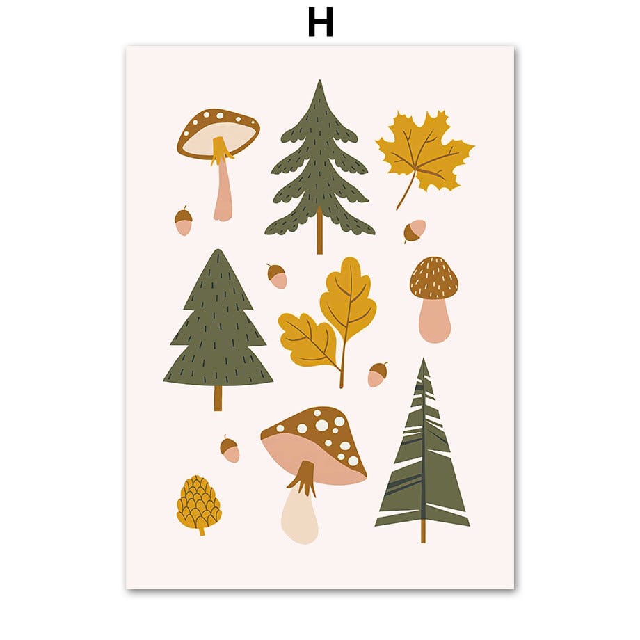 Lebhaftes Poster mit Bäumen und Pilzen, perfekt für eine naturverbundene Kinderzimmergestaltung von justgoodmood - Poster Kinderzimmer Wald Berge Abenteuer I Name Personalisiert.