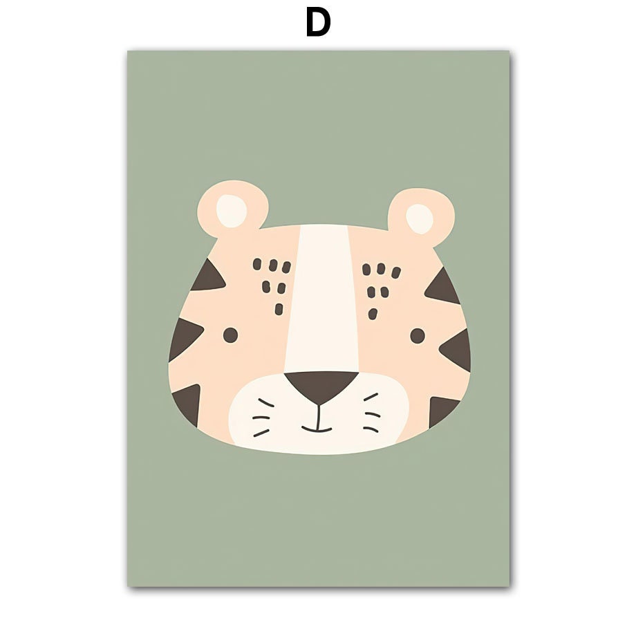 Entzückendes Poster mit dem Kopf eines Tigers auf einem grünen Hintergrund, perfekt für die Wandgestaltung im Kinderzimmer von justgoodmood. Poster Kinderzimmer Dschungel Tiere I Kinderzimmer Bilder I Wand Deko I Kunst Druck I Deko Print I ohne Rahmen.