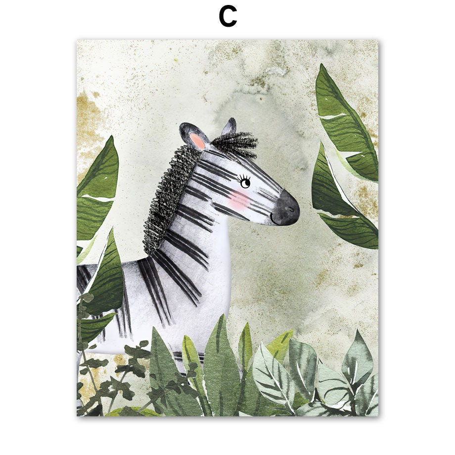 Süßes Zebra-Poster für das Kinderzimmer von justgoodmood. Teil der Dschungel Tiere Abenteuer Kollektion, ideal für farbenfrohe Wanddekoration.