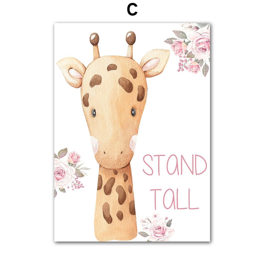 Wunderschönes Giraffenposter von justgoodmood mit der Aufschrift "Stand Tall", ideal für eine positive Kinderzimmergestaltung.