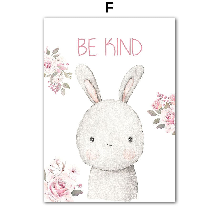 Herzliches Kaninchenposter mit der Botschaft 'BE KIND', perfekt für jedes Kinderzimmer, von justgoodmood.