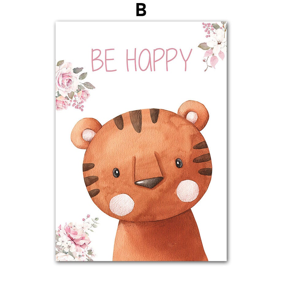 Niedliches Tigerposter mit dem Spruch "Be Happy" von justgoodmood, eine fröhliche Wanddeko für jedes Kinderzimmer.