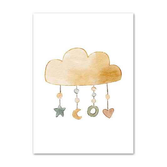 Hängende Wolke mit Stern, Mond und Herz von justgoodmood. Charmantes Poster für das Kinderzimmer, ideal für eine einladende Atmosphäre.