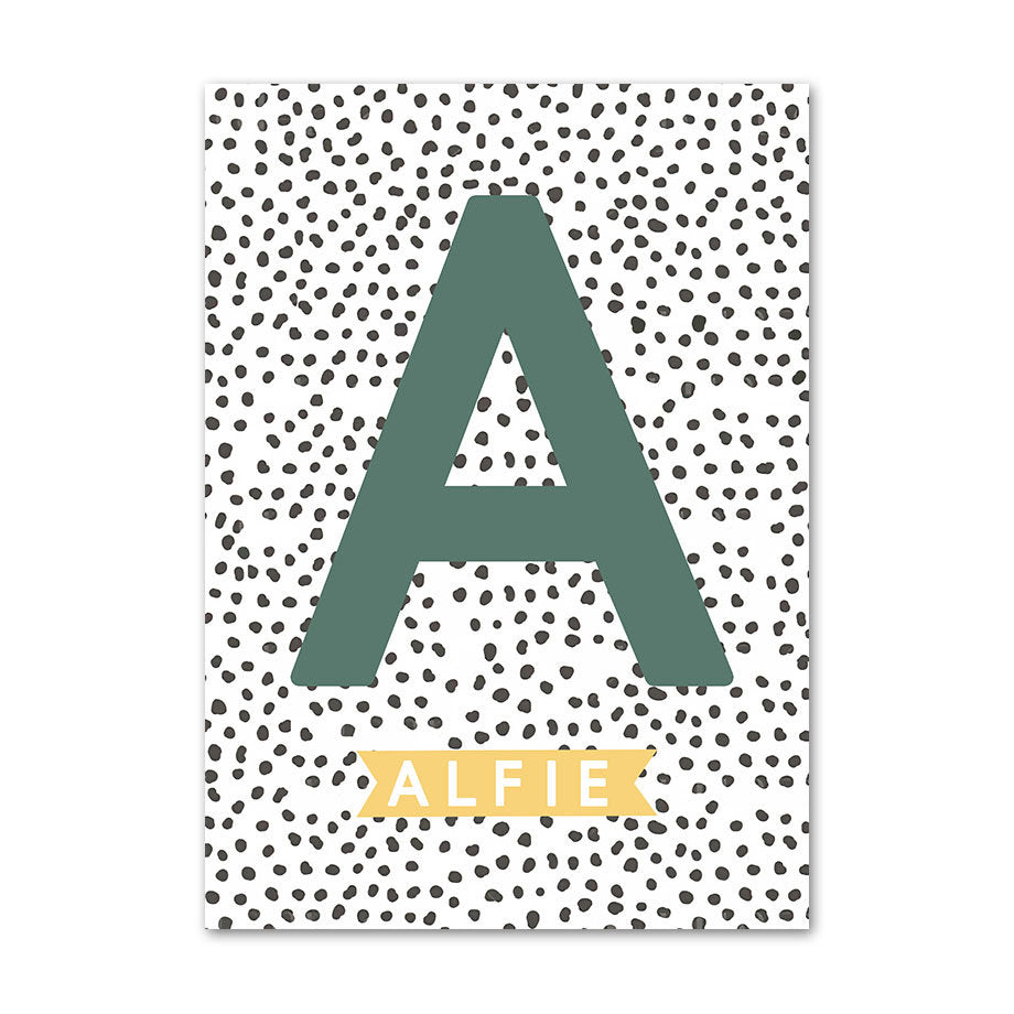 Einzigartiges personalisiertes Poster mit dem Buchstaben A und dem Namen 'ALFIE', entworfen von justgoodmood, perfektes Kunstwerk für das Kinderzimmer.