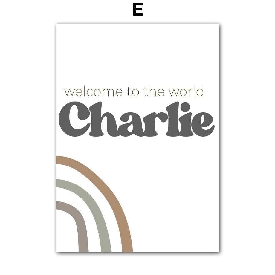 Herzliches Begrüßungsposter mit dem Text 'willkommen in der Welt Charlie', ideal für jedes Kinderzimmer, von justgoodmood.