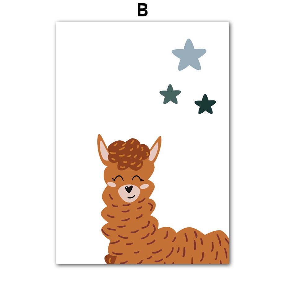 Wunderschönes Poster von justgoodmood mit einem glücklichen Alpaka in fröhlichen Farben, perfekt für die kreative Wandgestaltung in Kinderzimmern.