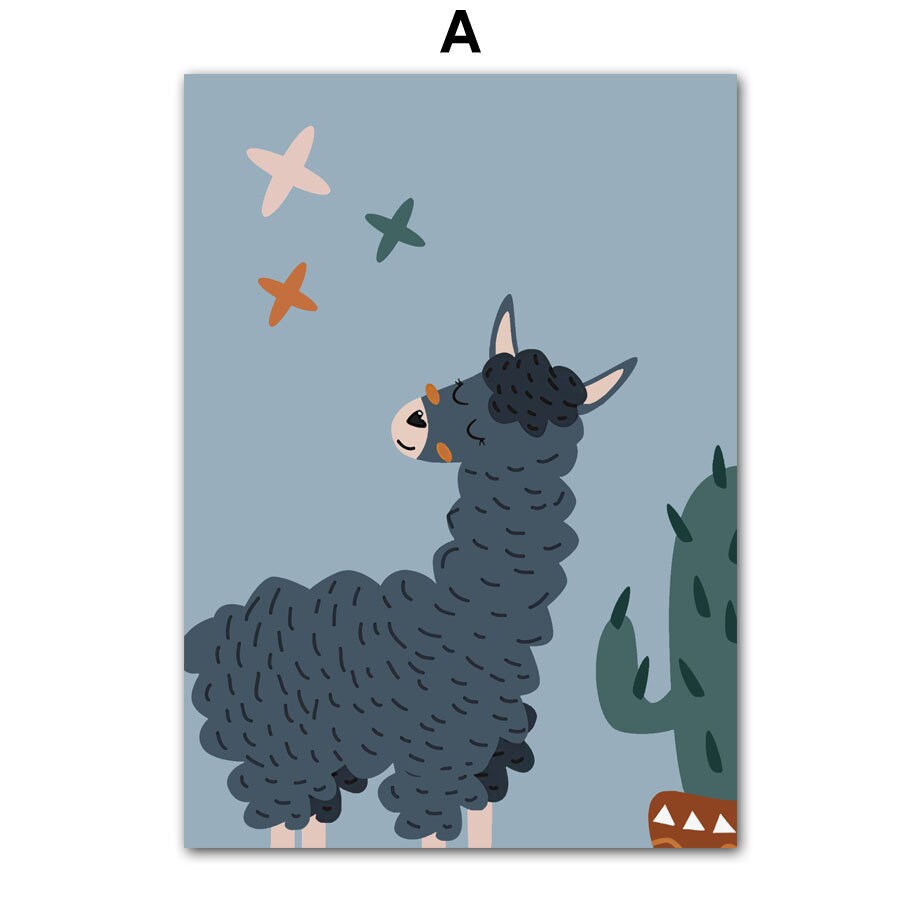 Niedliches Alpaka-Motiv auf Poster von justgoodmood in sanften Farben, umgeben von Sternen und einem Kaktus, ideal für ein liebevolles Kinderzimmer-Ambiente.