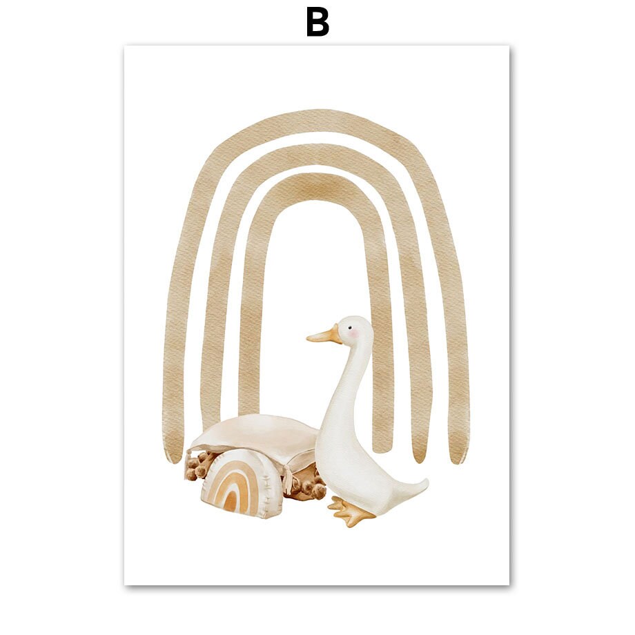 Verspieltes Poster mit einer Ente, einem Regenbogen und einer Schildkröte, geeignet für Kinderzimmer, gestaltet von justgoodmood. Schafft eine liebevolle Umgebung.