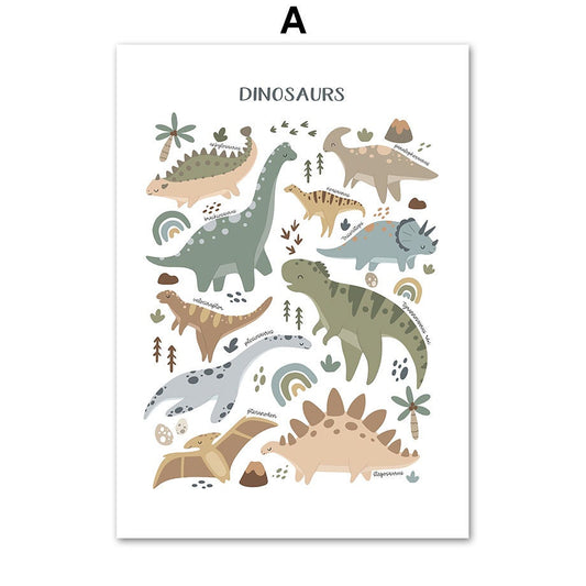 Niedliches Dino-Motiv Poster mit verschiedenen Dinosauriern von justgoodmood, perfekt für das Kinderzimmer und die kreative Förderung.