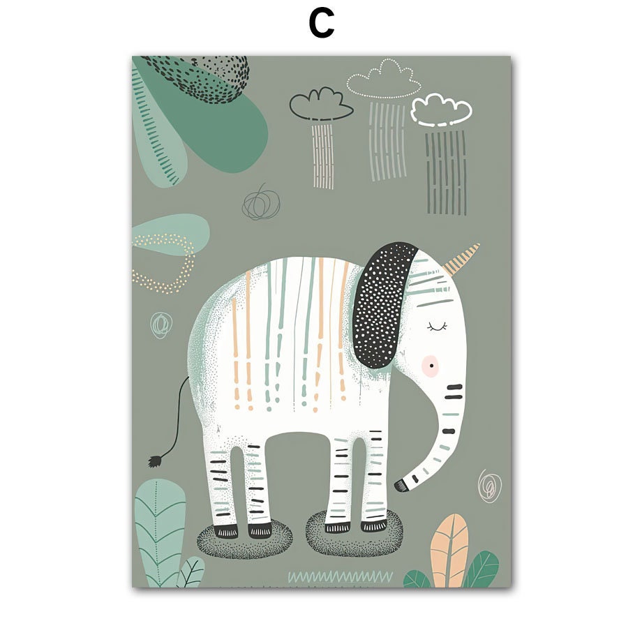 Niedliches Elefanten-Poster von justgoodmood, das einen erwartungsvollen kleinen Elefanten in bunten Farben für das Kinderzimmer zeigt, Teil der "Born to be wild" Sammlung.